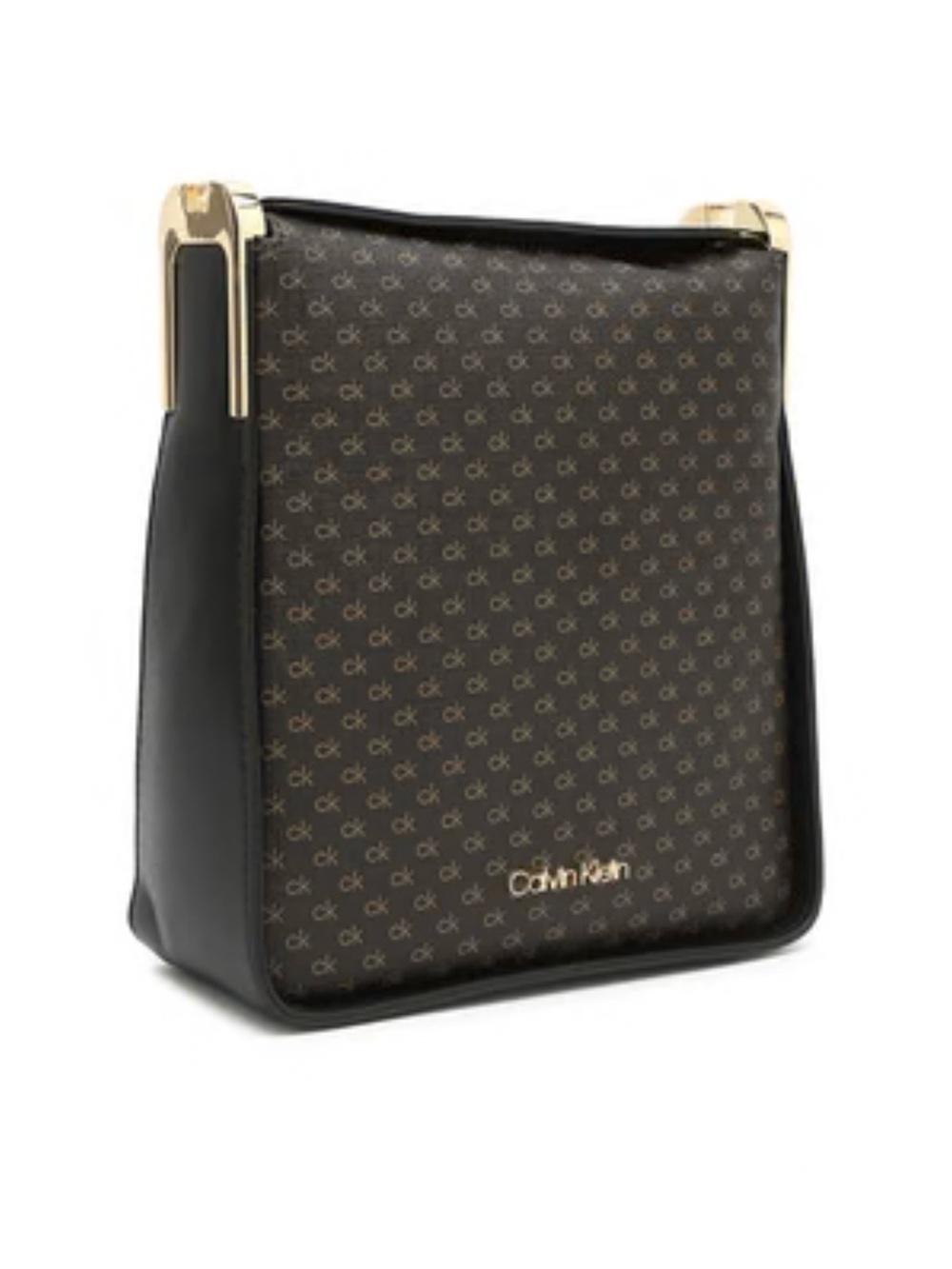Calvin Klein Brown Monogram & Black Trim Shoulder Bag with Gold Hardware